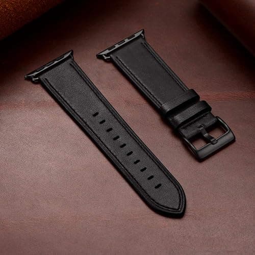 OUHENG Leather Bands Compatible with Apple Watch Band 49mm/46mm/45mm/44mm/42mm, Genuine Leather Strap Compatible with iWatch Ultra 3/2/1 & Series 11/10/9/8/7/6/5/4/3/2/1 & SE3 SE2 SE, Black/Black thumbnail 7