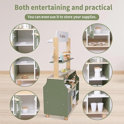 Wooden Coffee Shop Play Set, Pretend Grocery Store, Realistic Bakery Shop Sessert Stand with Toy Foods 37 PCS, Gift for Kids 3 4 5 6 Yead Old thumbnail 6