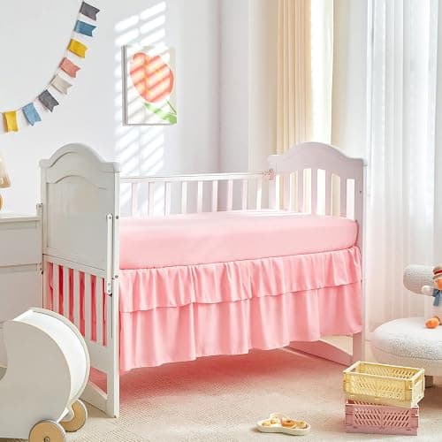 Mini Crib Bedding Set 3 Pieces Baby Boho Quilted Tufted Ruffles Comforter with Fitted Sheet and Ruffled Bed Skirt - Cute Shabby Baby Bedding Fits Mini Crib Only Pink thumbnail 5