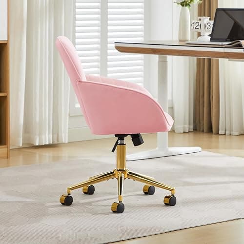 YISHENG Velvet Office Desk Chair with Gold Base, with Wheels,Modern Height Adjustable 360 Degree Swivel Upholstered Vanity Chairs with Arms for Living Room Bedroom,Pink thumbnail 4