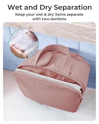 BAGSMART Travel Toiletry Bag, Lightweight Large Wide-open Travel Bag for Women, Puffy Cosmetic Makeup Bag Organizer with Handle for Accessories,Essentials, Toiletries, Dark Pink thumbnail 4