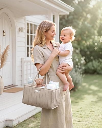 Blissful Diary Baby Diaper Caddy Organizer, Stylish Storage Basket for Newborn Essentials and Diaper Station, Gift for Baby Shower and Registry Must-Have, Sand thumbnail 2