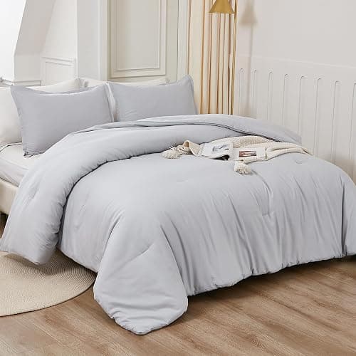 Litanika Light Grey Comforter Full Size, 3 Pieces Lightweight Solid Bedding Comforter Set, All Season Fluffy Bed Set (79x90In Comforter & 2 Pillowcases) - Full (79"x90") - 07 - Light Grey thumbnail 5