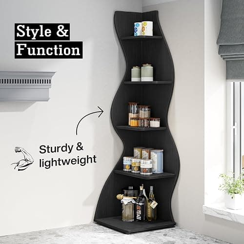 Tribesigns Corner Shelf, Modern 5-Tier Wall Corner Bookshelf, Stylish Corner Small Bookcase Storage Rack Plant Stand with Unique Shape for Living Room, Home Office, (1PC, Black) thumbnail 8