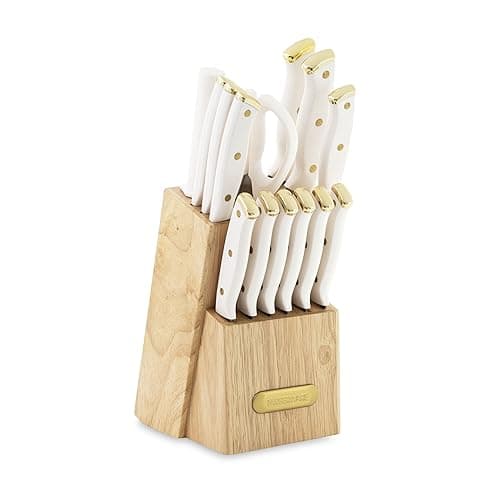 Farberware 15-Piece Triple Riveted Knife Block Set, High Carbon-Stainless Steel Kitchen Knives, Razor-Sharp Knife Set with Wood Block, White and Gold - 15-Piece - White and Gold