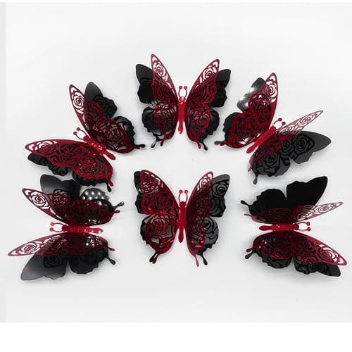 Rchovsam 3D Butterfly Wall Decor Party Rose Butterfly Sticker Decoration 3.85x4.6 inche Red Black Double Deck Removable Sticker for Birthday Holiday Party Decoration-6pcs - Image 1