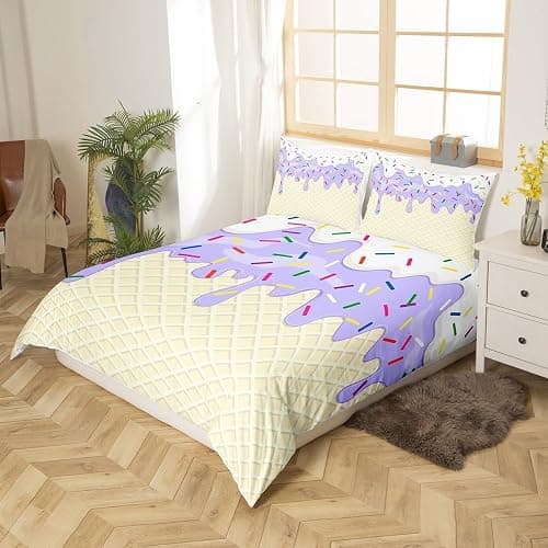 Women Ice Cream Duvet Cover Set Twin Size,2 Pcs Breathable Purple White Cream Cake Bedding Sets(1 Duvet Cover+1 Pillowcase),Colorful Candy Printed Comforter Cover Set for Girls Kids(No Comforter) thumbnail 2