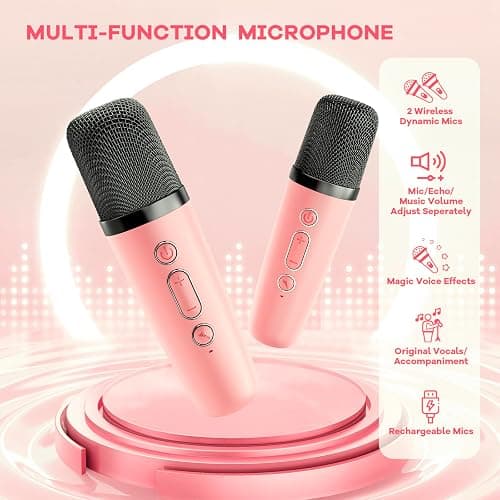 YLL Mini Karaoke Machine for Kids Adults, Portable Bluetooth Speaker with 2 Wireless Microphones, TOP Birthday Gifts Toys for Girls Ages 3, 4, 5, 6, 7, 8, 9,10,11,12+ Years Old Toddler (Lightpink) thumbnail 3