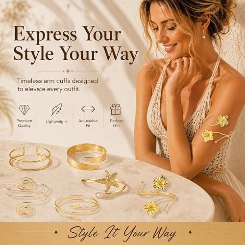 KOVLYNE 6 PCS Boho Gold Arm Cuff Jewelry for Women - Adjustable Minimalist Upper Arm Cuffs Bracelet Bangle Set for Beach Party Gifts thumbnail 6