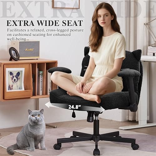 Sunchen Criss Cross Chair with Wheels and Arms, Cross Legged Office Chair with Wide Seat, Adjustable Cute Comfy Desk Chairs for Home Office, Bedroom, Vanity, Black thumbnail 4