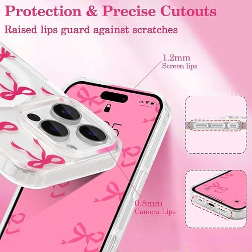 UEEBAI Magnetic for iPhone 16 Pro Max Case, Bow Case Compatible with MagSafe, Wireless Slim Clear Ribbon Aesthetic Phone Cover Anti-Yellowing Shockproof Protective Cover for Women Girl - Hot Pink thumbnail 3
