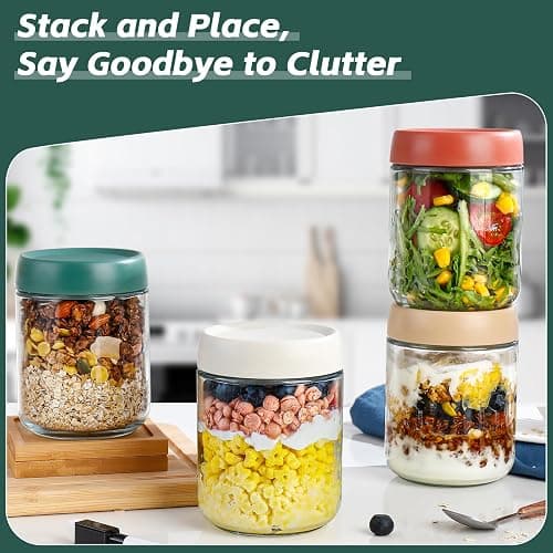 DIMBRAH Overnight Oats Containers with Lids,16oz Glass Jars with Lids - Set Of 4, Practical Oatmeal Container to Go, Chia Seed Pudding Jars, Baby Food Containers thumbnail 5