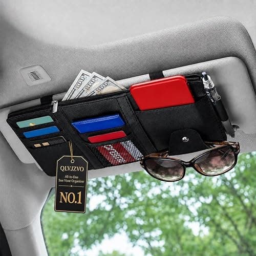 All‑in‑one Sun Visor Organizer Double Zippers Elastic Bands & Glasses Clip | Daily Driving for Cards, Money, Tickets, Leather Interior Accessories, Car Truck Suv Storage Pouch Holder(Black) - Image 1