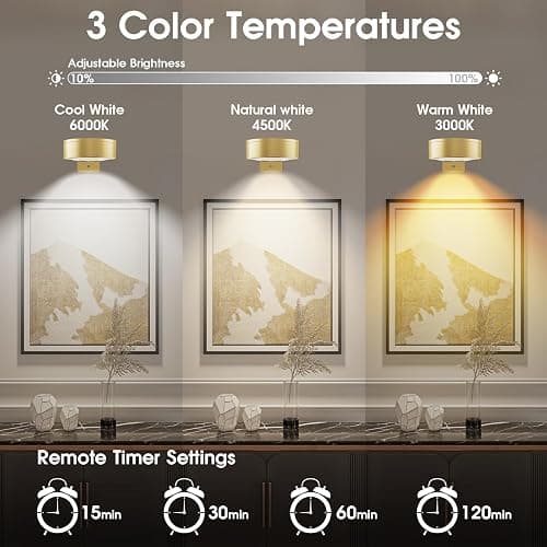 SIXDEFLY Picture Lights for Wall, 3 Lighting Modes Magnetic Art Display Light,Rechargeable Battery Operated Led Painting Light with Remote Control Dimmable & Timer,3Pack Gold thumbnail 3