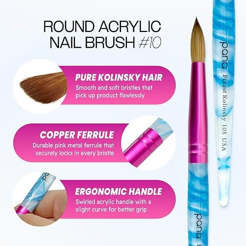 PANA USA Acrylic Nail Brush Pure Kolinsky Hair Acrylic White Swirl Blue Handle with Pink Ferrule Round Shaped - Size 10 thumbnail 2