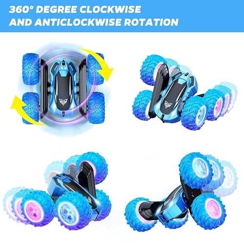 KKONES Remote Control Car, 2.4GHz Double Sided 360° Flips Rotating Electric Race RC Stunt Car, LED Wheel & Headlight High Speed Off Road Cars Toy Gift for 3 4 5 6 7 8-12 Year Old Boy Toys (Blue) thumbnail 4