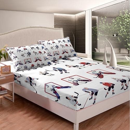 Ice Hockey Sheet Set Twin Kids Sports Event Bedding Set Hockey Player Bed Sheets for Boys Bedroom Decor Soft Winter Sports Hockey Puck Bed Set (Twin Flat Sheet & Fitted Sheet with 1 Pillow Case) thumbnail 2