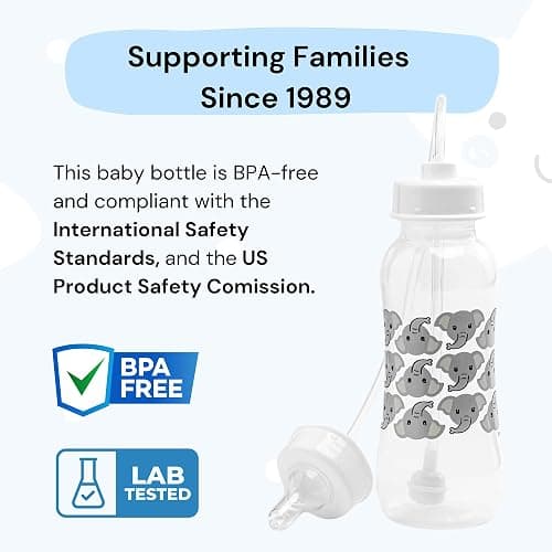 Hands-Free Baby Bottle - Anti-Colic Nursing System 9 oz Baby Bottle with Fast Flow Nipple/Teat 3m+ with Tube Straw Feeding System for Toddler (2 Bottles - Elephant) thumbnail 4