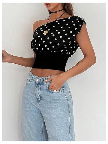 Milumia Women's Polka Dots Off Shoulder Crop Tank Tops Y2K Cap Sleeve Ruched Going Out T-Shirts thumbnail 5