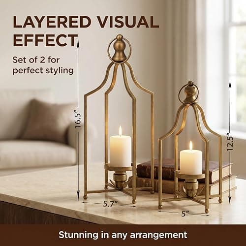 12.5" & 16.5" Timeless Cozy Decorative Lanterns Set of 2, Handcrafted Metal Iron Candle Holders, Farmhouse Elegance Fireplace Mantel Table Festive Gatherings Decor (Antique Gold) thumbnail 2