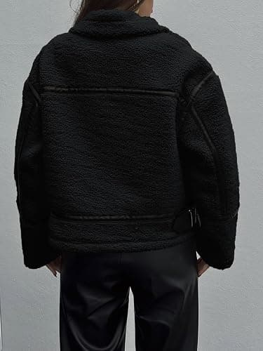 Tankaneo Womens Faux Fur Jackets Winter Trendy Sherpa Moto Leather Patchwork Zip Up Coat thumbnail 5