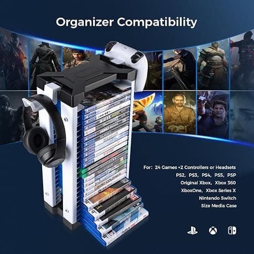 ASFSKY Video Game Storage Tower - 24 Game Holder Stand with 2 Hooks for Controllers Universal Organizer Compatible with PS5, PS4, Xbox, Switch Games (23) thumbnail 3