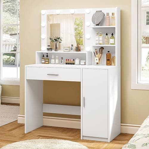 Quimoo Makeup Vanity Desk with Mirror & Lights, Vanity Desk with 5 Drawers & Storage Shelves, Vanity Table, 3 Color Modes & Adjustable Brightness Dressing Table, Bedroom - White thumbnail 3