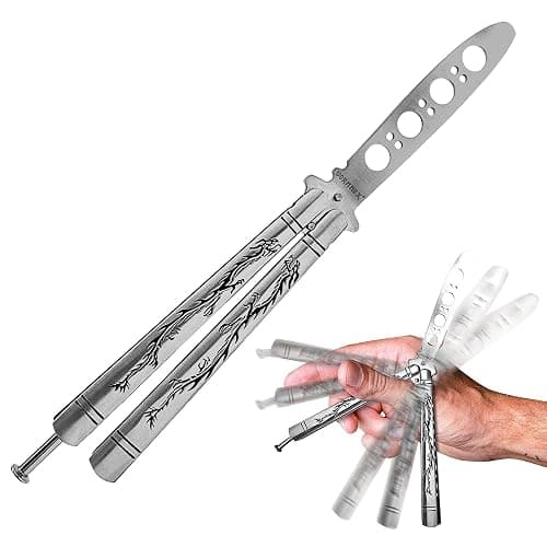 VORNNEX Practice Butterfly knife Trainer with Sure Spring Latch, Full Stainless Steel Black Dull Balisong, Unsharpened Butterfly knives Comb for CSGO Training(Silver) thumbnail 2