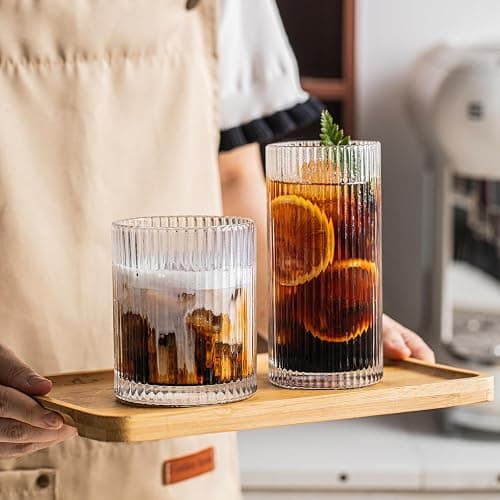 INSETLAN 12Pack Piece Ribbed Glassware - 6 Highball Glasses 12 oz, 6 Rocks Glass Cups 14 oz, Vintage Cocktail Drinking Glasses, Ideal for Wine, Juice, Water, Ice Coffee Cup, Whiskey, Mixed Drinkware thumbnail 9