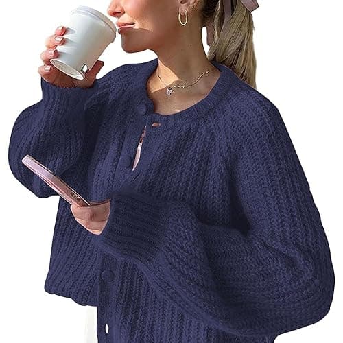 FindThy Women’s Chunky Knit Cardigan Long Sleeve Button Down Crewneck Fall Sweater Coat - Navy Blue - Large