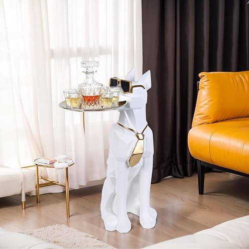 Resin Dog Side Table With Tray, Butler Statue Tissue Box, Accent End Table, Unique Sculpture, Geometric Statue, Funky Furniture for Home Decor Modern (White) thumbnail 2