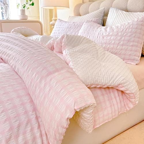 tohrisa Boho Comforter Set Twin Size - 2 Pieces Lightweight Jacquard Seersucker Bedding Sets (1 Soft Fluffy Grid Comforter & 1 Pillowcase) - All Seasons Cozy Modern Bed Set(68"x90" Blush Pink) - Image 1