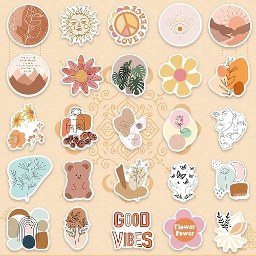 Amitorfo 100pcs Boho Aesthetic Stickers for Water Bottles & Laptops – Waterproof PVC, 5–7 cm – Retro Rainbow, Floral, Line Art & Sun Decals – Cute VSCO Vinyl Stickers for Teens, Students & Adults thumbnail 5