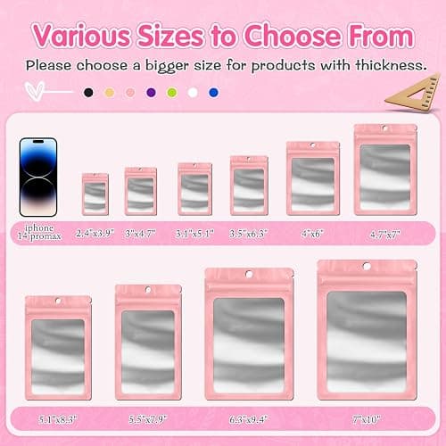 FUNFERY 100 Pack Mylar Resealable Bags Foil Packaging Bags with Frosted Clear Window, Zipper Bag Smell Proof Pouch for Food Storage, Cookies, Sample, Small Business(Pink, 2.4x3.9inch) thumbnail 5