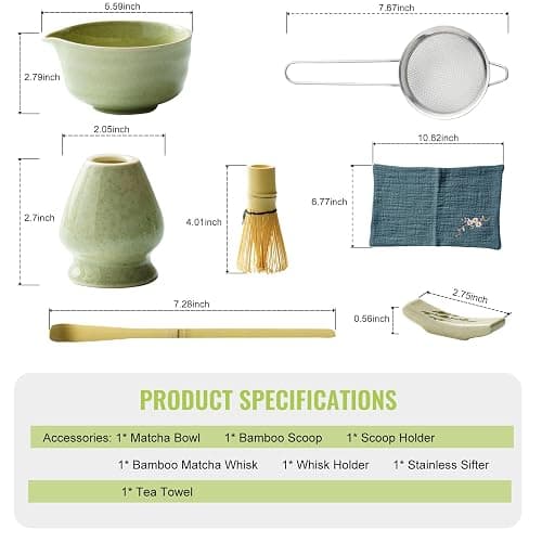 SOOCVWOLF 7 Pcs Matcha Whisk Set, Ceramic Matcha Kit for Tea Ceremony, Matcha Whisk and Bowl, Matcha Tea Set for Making Latte Drinks, Gift for Matcha Lover and Starters(Green) thumbnail 2
