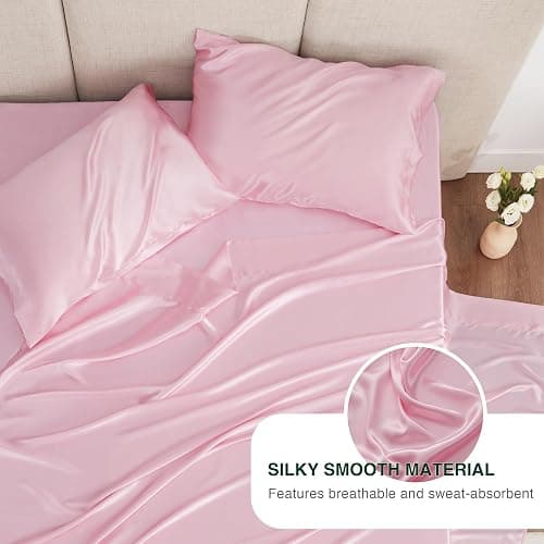 Love's cabin Satin Queen Sheets Set - 4 Piece Pink Silky Satin Bed Sheets Queen Set with Deep Pocket, Luxury Silk Feel Satin Queen Size Sheet Set (1 Flat Sheet,1 Fitted Sheet,2 Pillow Cases) - Queen - Pink. thumbnail 4