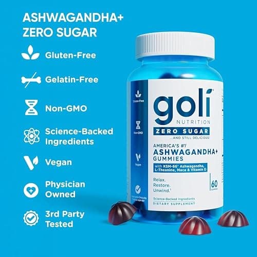 Goli Zero Sugar Ashwagandha Gummies with KSM-66, L-Theanine, Maca and Vitamin D - No Sugar Alcohols - Vegan, Keto-Friendly, Non-GMO thumbnail 2