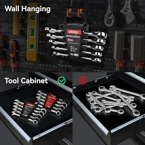 DISEN 10Pcs Ratcheting Wrench Set SAE & Metric Ratchet Wrench Set with Rack Organizer, Premium CR-v Steel, 12 Point, 72 Teeth,Box End and Open End Ratcheting Wrench Set,Metric 10-15mm&SAE 3/8''-5/8'' thumbnail 4