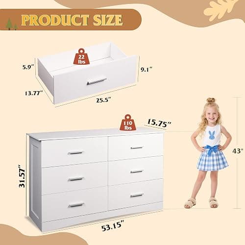 WLIVE White Dresser with 6 Drawers, Wide Wooden Chest of Drawers for Bedroom, Large White Storage Tower Unit, Modern Minimalist Closet Store Organizer for Living Room, Hallway thumbnail 7