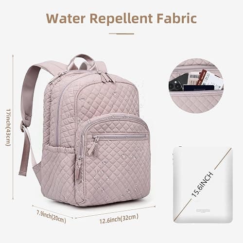 RosaRubus Backpack for Women,College Backpack,Quilted Casual Daypack,Waterproof Bookbag for 15.6Inch Laptop (Dust Pink) thumbnail 4