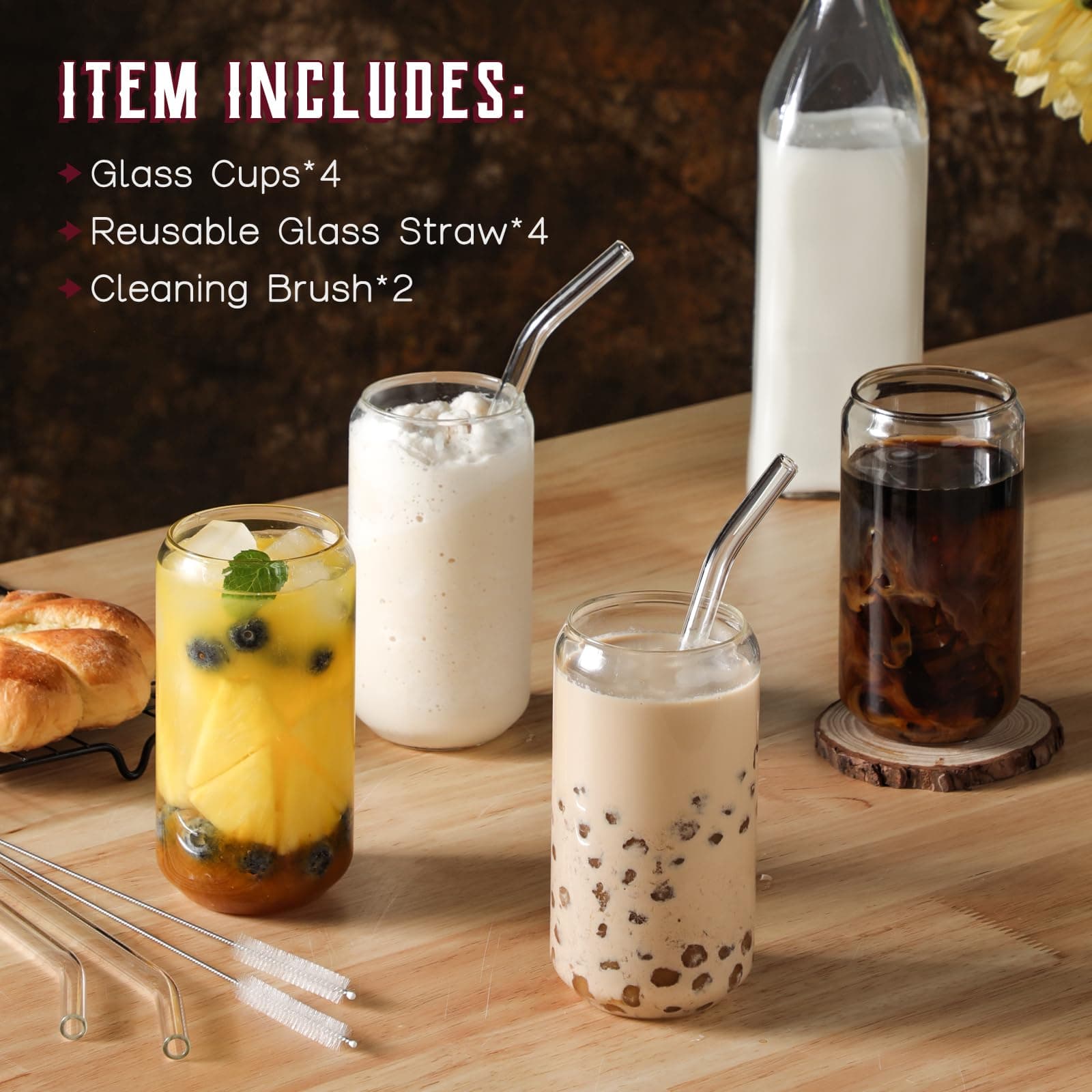 NETANY Drinking Glasses with Glass Straw 4pcs Set - 16oz Can Shaped Glass Cups for Beer, Iced Coffee, Tumbler Cup for Whiskey, Soda, Tea, Water, Gift - 2 Cleaning Brushes thumbnail 2