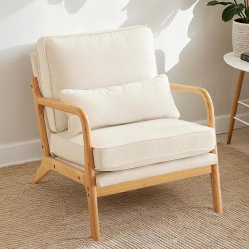 Karl home Accent Chair Mid-Century Modern Chair with Pillow Upholstered Lounge Arm Chair with Solid Wood Frame & Soft Cushion for Living Room, Bedroom, Balcony, Linen White (Low Back) - Image 1