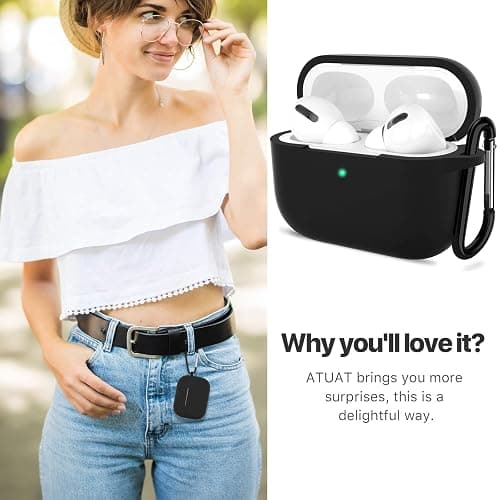 ATUAT for AirPods Pro 1st/2nd Generation Case Cover, Protective Silicone Skin Accessories with Keychain for Women Men for Apple AirPods Pro 2019/2022 Charging Case,Front LED Visible-Black thumbnail 6