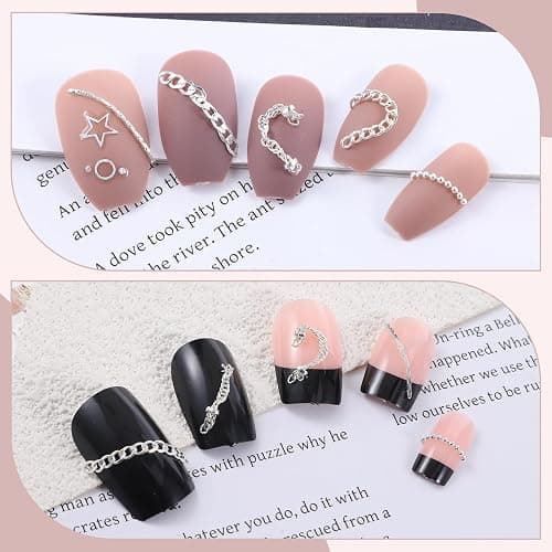 HJZHII 8 Streifen Nagelkettchen, 3D-Nagelspitze Kunst Charms Schmuck Ornamente Maniküre-Dekorationen aus Metall für DIY Herstellung Punk Nägel Glitter Design(Silber) thumbnail 5