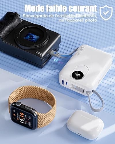 Batterie Externe 20000mAh avec Câble intégré : 35W Power Bank à Charge Rapide pour téléphone Portable, Batterie USB C (Input & Output), Chargeur Portable avec 4 Sorties et 2 entrées- Blanc - blanc thumbnail 7