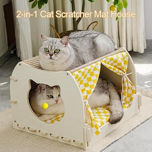 VARMTOR Cat House Indoor, Cat Cave, Modern Kitten Bed with Scratch Pad and Fluffy Ball, Wooden Frame with Cushion and Curtains (M, Double-Layer) thumbnail 7