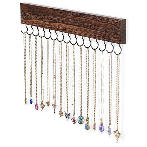 Lolalet Wooden Necklace Holder for Wall with 15 Hooks, Necklaces Hanger Easy Install Wall Mount Necklace Organizer, Jewelry Hangers for Chains, Bracelets, Earrings -Brown - Image 1