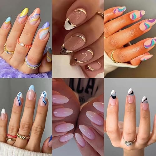 6 Pack Press on Nails - Almond, French Tip, Swirl, False, Gel - 144 Pcs, 12 Sizes, 6 Styles - Image 1