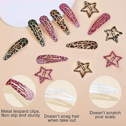 Metal Snap Hair Clips,8 Pairs Hair Barrettes for Women - Star & Water Drop Hair Barrettes, Non-Slip Y2K Accessories for Thin Thick Hair,Pink and Brown Leopard Print thumbnail 3