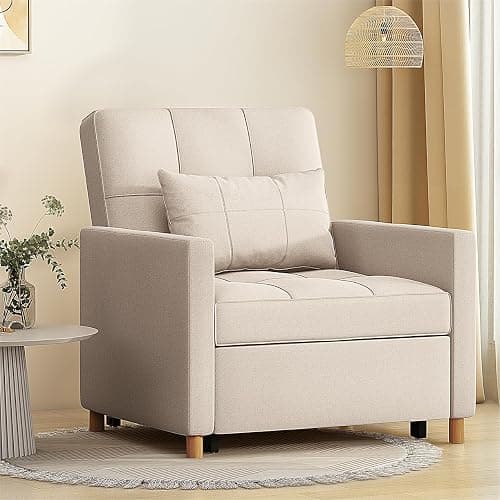 YODOLLA Pull Out Sleeper Chair Bed 80cm Single Sofa Armchair, Beige | 3-position reclining backrest, practical side storage pocket, space-efficient foldable guest sleeping design thumbnail 9